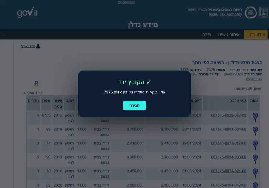 מסך הסיום: הקובץ ירד, 46 עסקאות נשמרו בקובץ 7375.xlsx